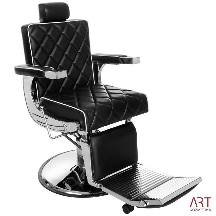 Brivski stol Primus (črno-beli vložki, kromirano podnožje s črnim prekritjem)