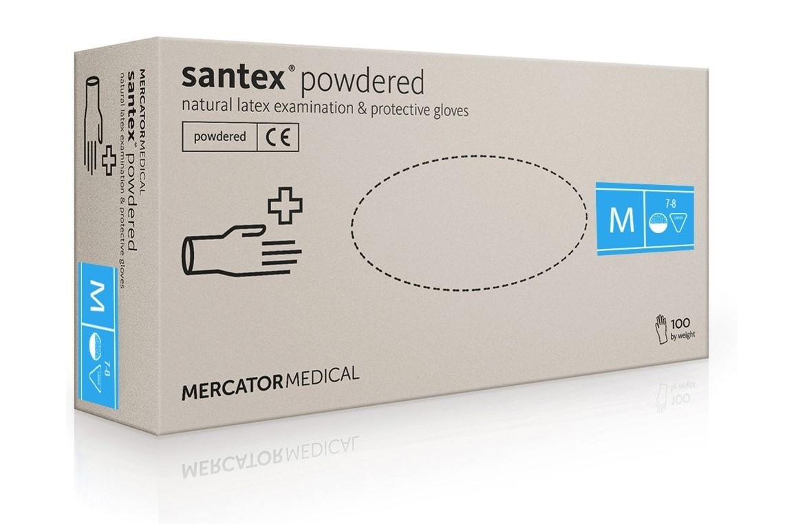 Rokavice lateks SANTEX, pudrane, M, 1/100 Rokavice lateks SANTEX, pudrane, M, 1/100