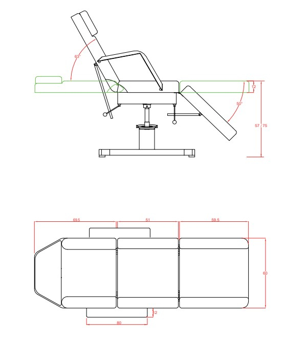 Tridelna hidravlična kozmetična miza Ment dimenzije Tridelna hidravlična kozmetična miza Ment dimenzije